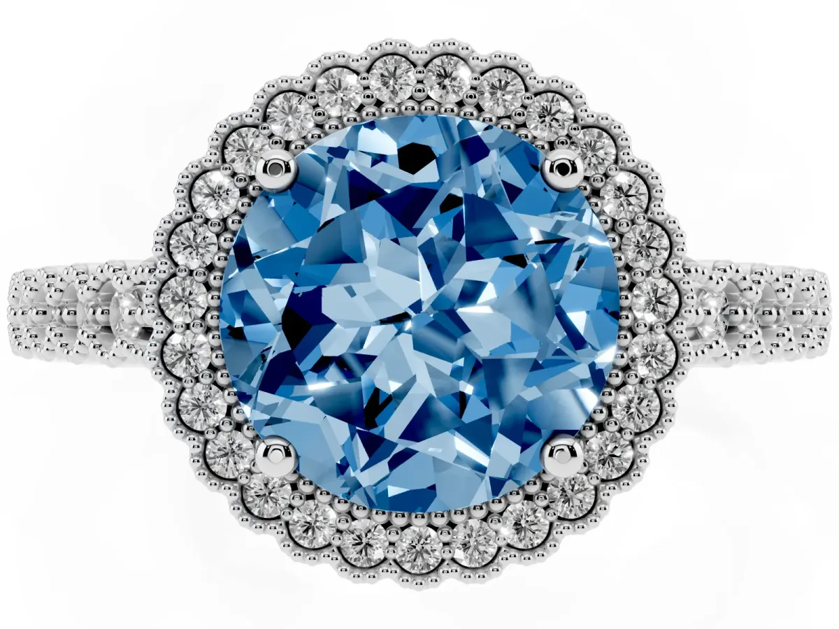 Fancy Blue Round Cut Cut Halo Pavé Solitaire Ring with Milgrain Band Silver