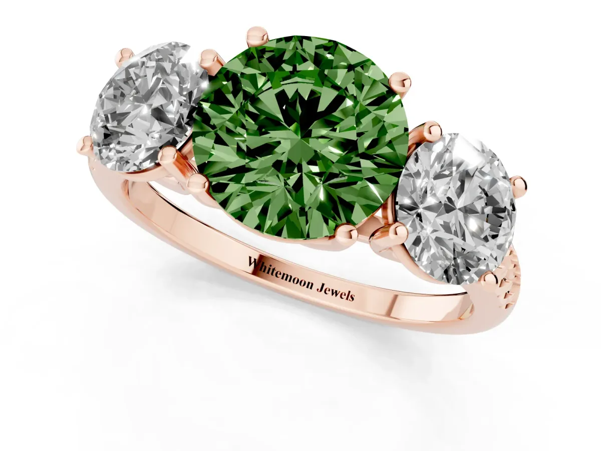 Fancy Green Three-Stone Round Cut Diamond Ring with Round Pavé Band and Prong Setting Rose gold