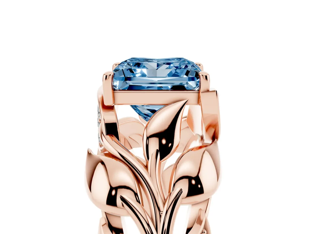 Fancy Blue Princess Cut Diamond Leaf-Inspired Engagement Ring with Round Accents and Prong Setting Rose gold