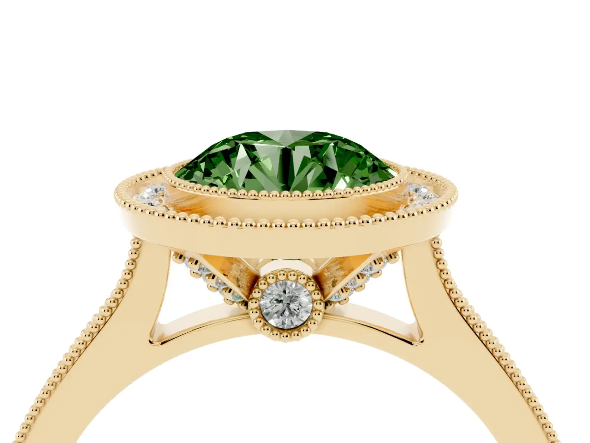 Fancy Green Halo Round Cut-Cut Diamond Pave Band Milgrain Prong Setting Ring Yellow gold