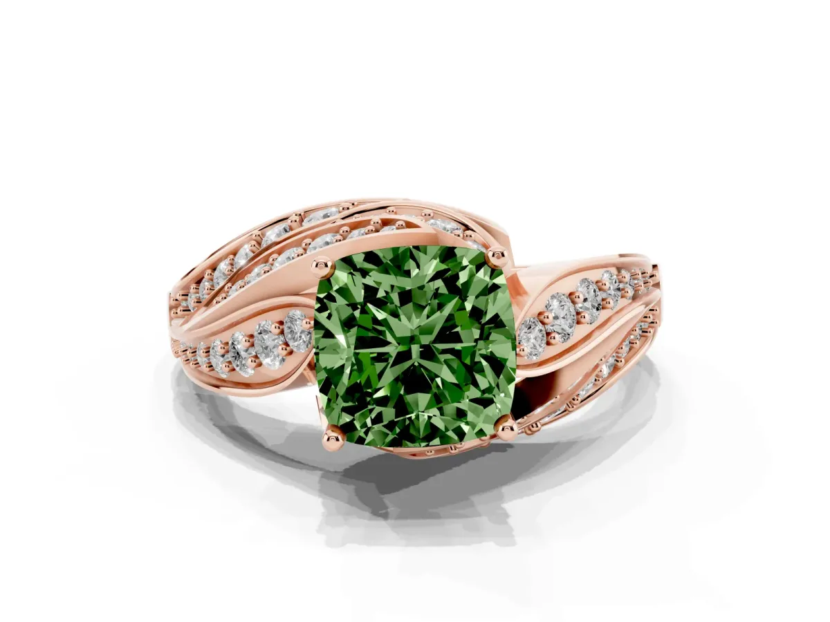 Fancy Green Cushion Cut Diamond Solitaire Ring with Prong Setting and Twisted Pavé Band Rose gold