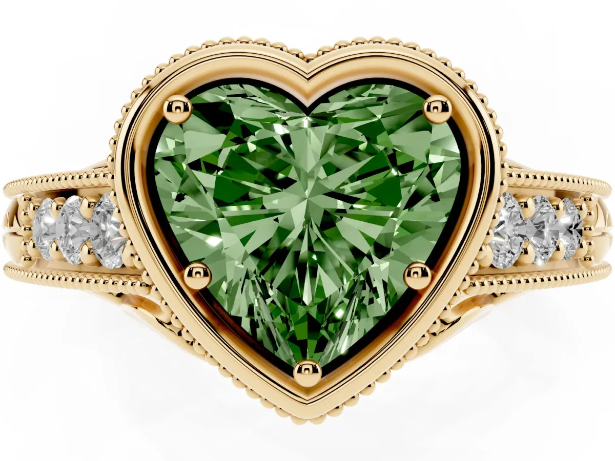Fancy Green Bezel Set Heart Cut Diamond Milgrain Pave Engagement Ring Yellow gold