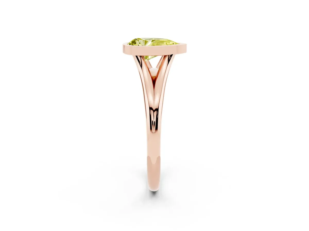 Fancy Yellow Bezel Set Pear Cut Cut Solitaire Ring with Tapered Band Rose gold