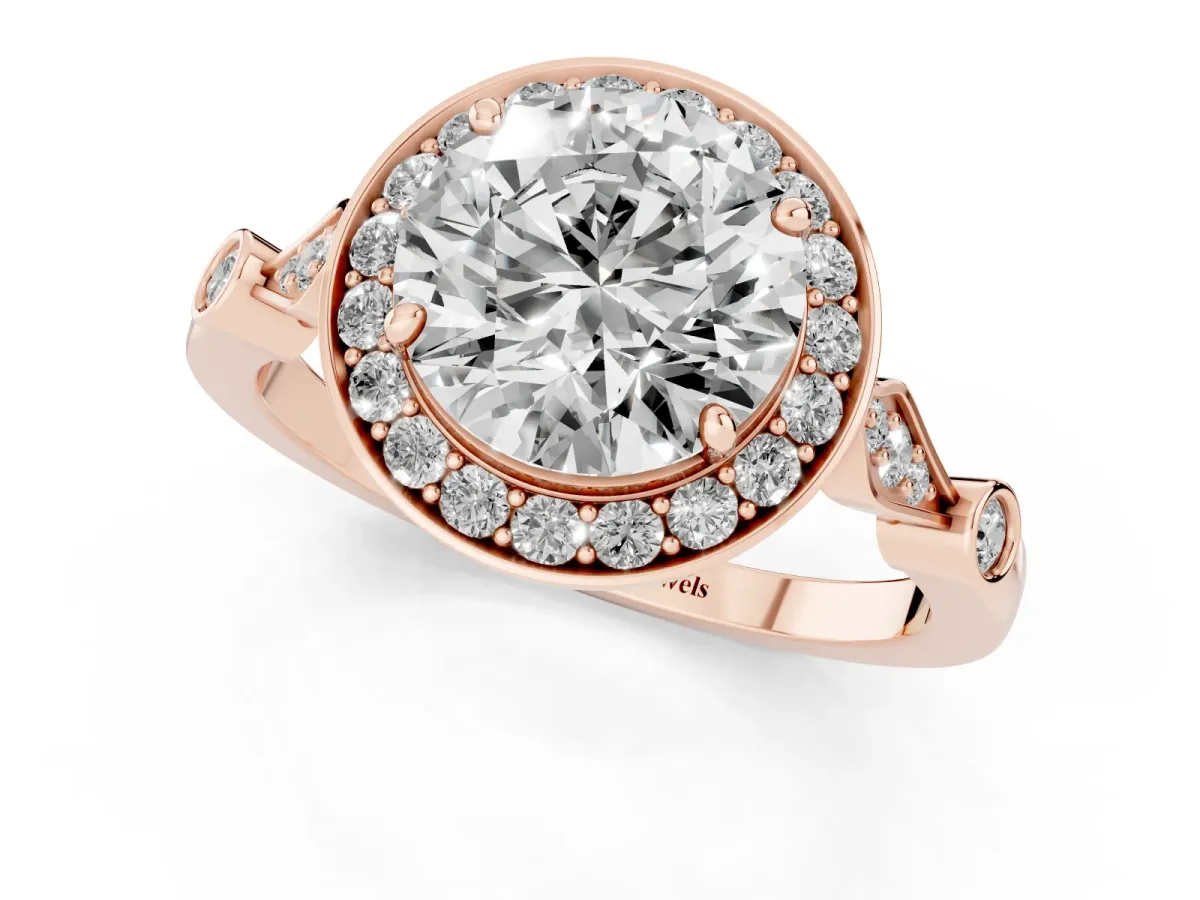 Round Cut Halo Diamond Engagement Ring with Twisted Band and Four-Prong Setting Rose gold