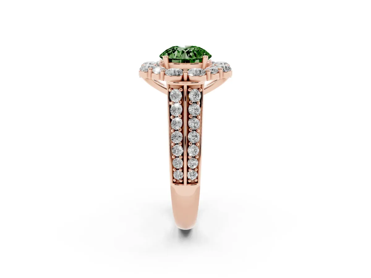 Fancy Green Round Cut Halo Diamond Engagement Ring with Split Shank and Prong Setting Rose gold
