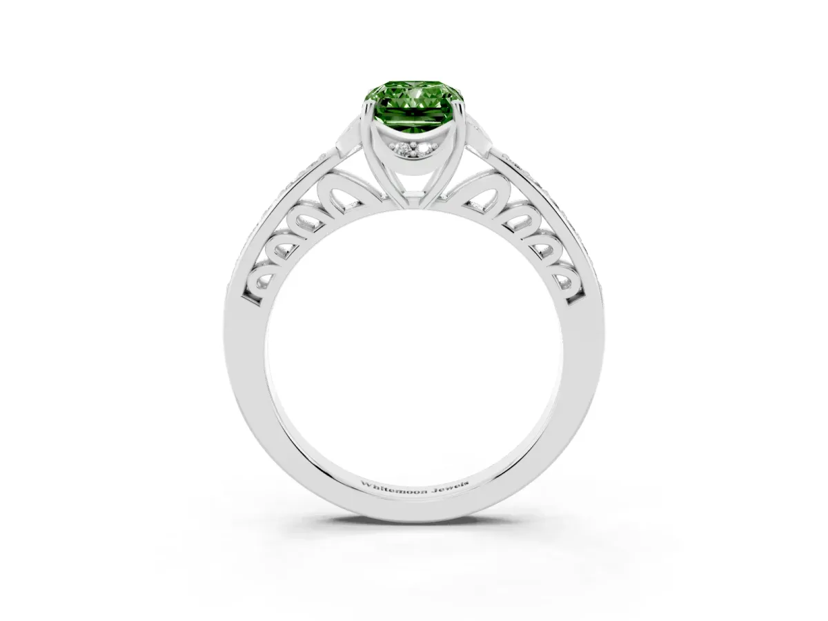 Fancy Green Radiant Cut Cut Halo Diamond Ring with Channel Set Band and Four-Prong Setting White gold
