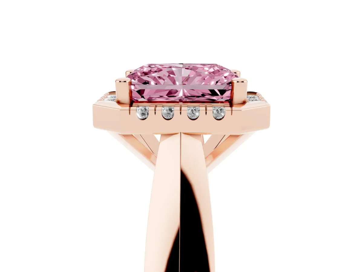 Fancy Pink Radiant Cut Cut Halo Solitaire Engagement Ring with Square Band and Four-Prong Setting Rose gold