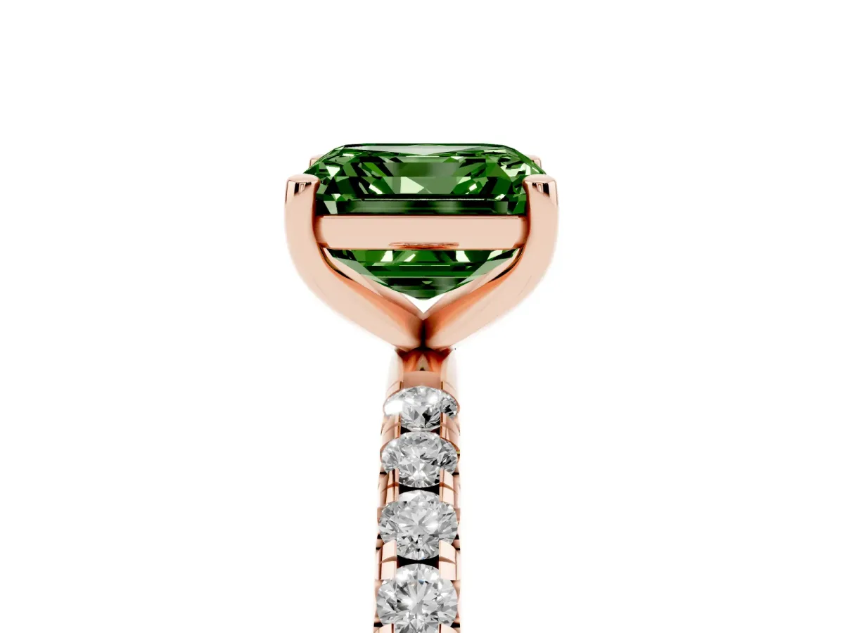 Fancy Green Asscher Cut Cut Diamond Solitaire Ring with Micro Pave Band and Four Prong Setting Rose gold