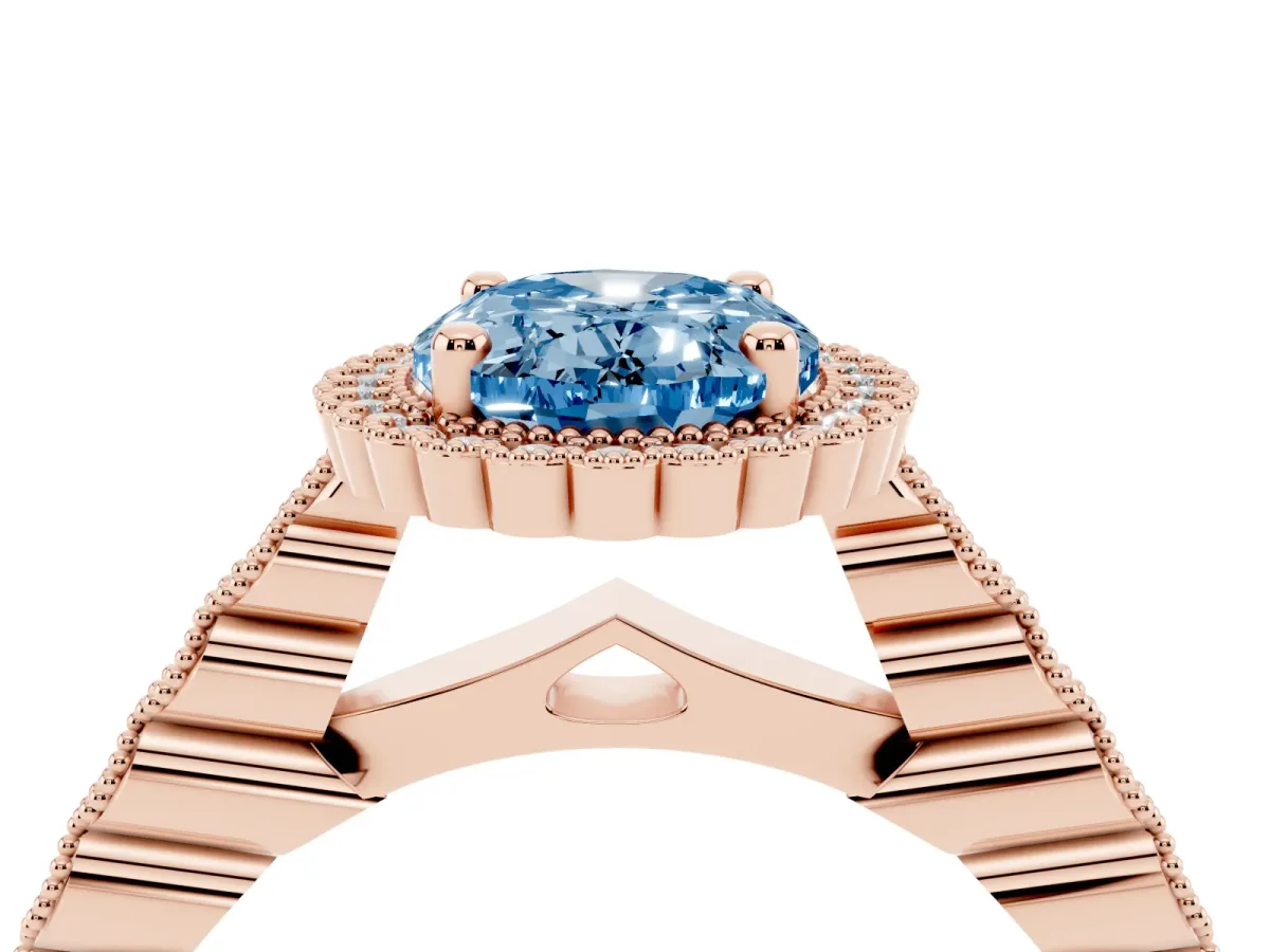 Fancy Blue Oval Cut Cut Halo Pavé Solitaire Ring with Milgrain Band Rose gold
