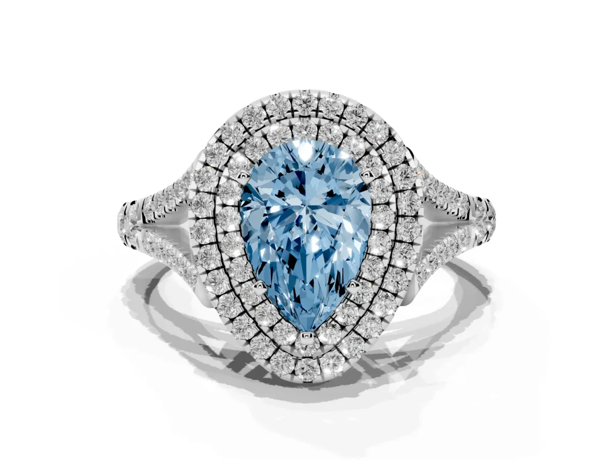Fancy Blue Pear Cut Cut Double Halo Split Shank Diamond Ring with Prong Setting Silver
