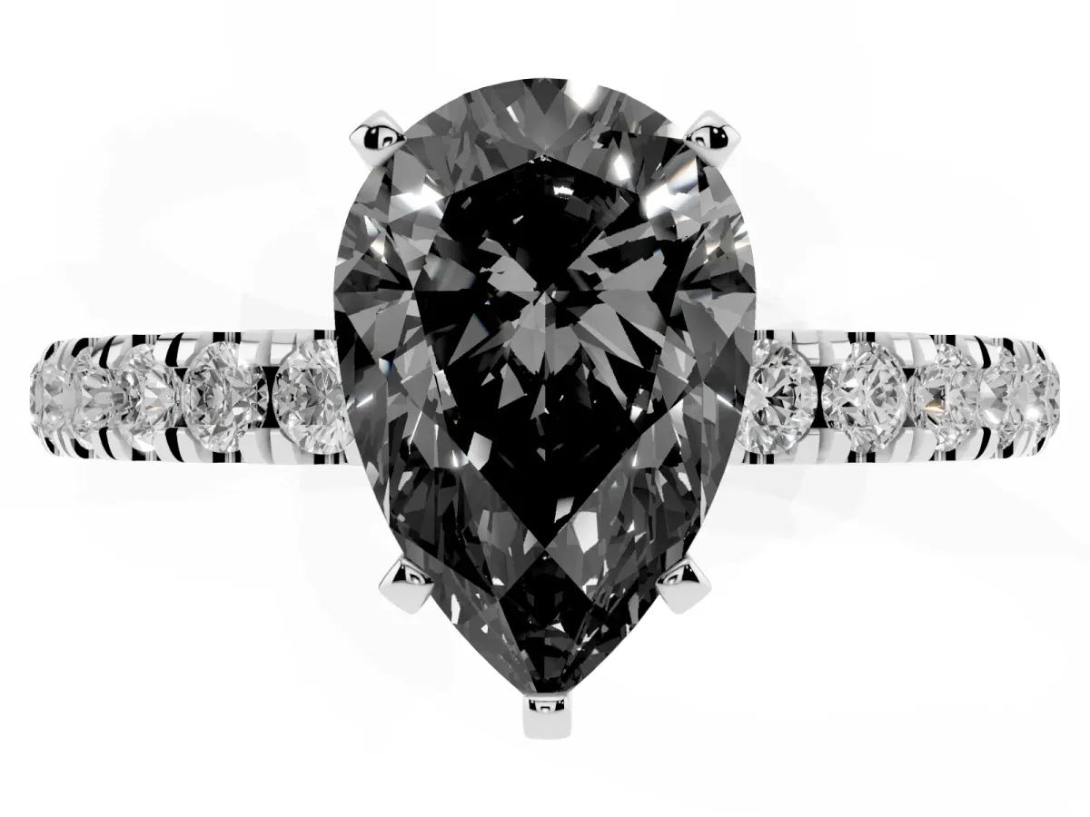 Fancy Black Pear Cut Diamond Solitaire Ring with Pavé Accents and Four-Prong Setting Platinum