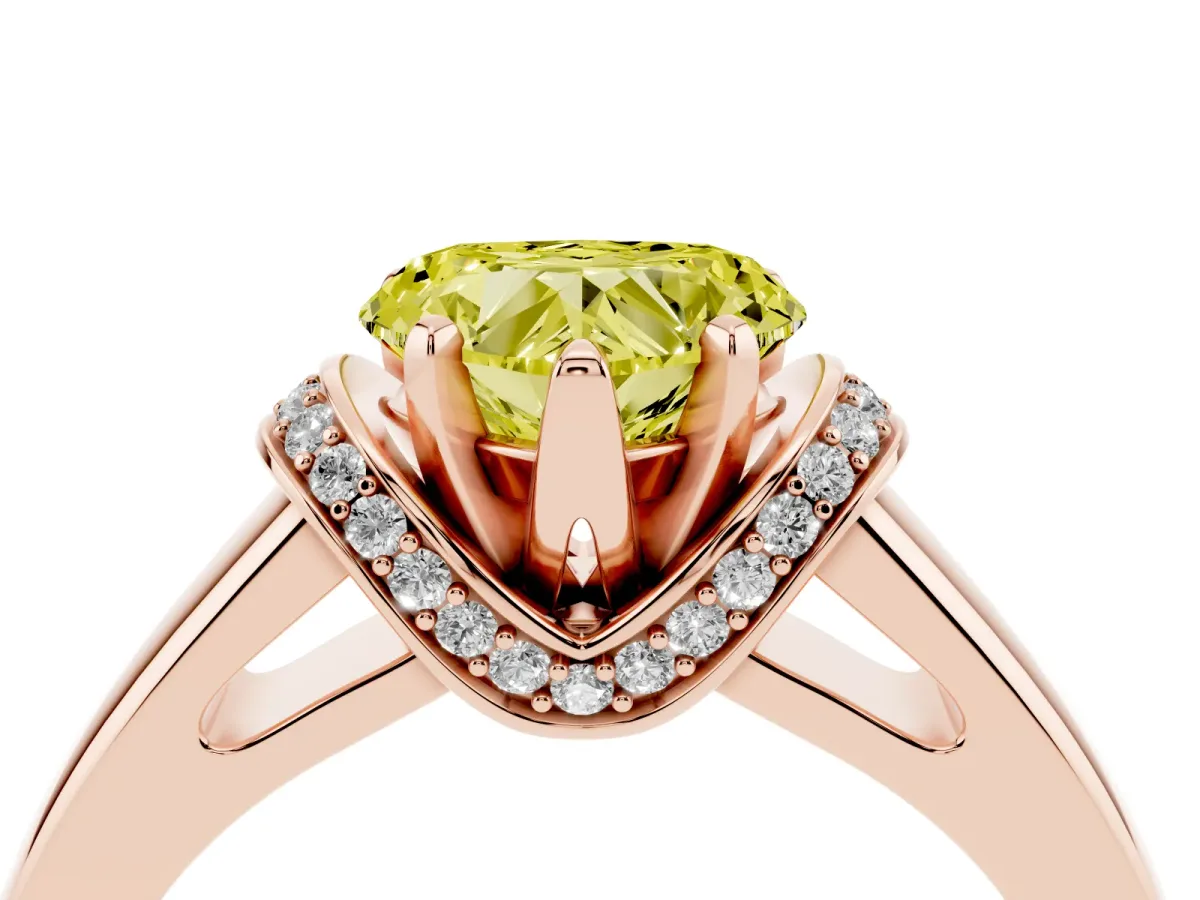 Fancy Yellow Heart Cut Solitaire Diamond Ring with Pave Band and Six-Prong Setting Rose gold