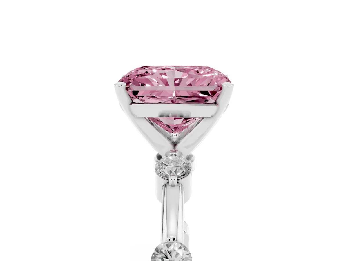 Fancy Pink Radiant Cut Solitaire Diamond Ring with Bezel Set Side Stones and Prong Setting Silver
