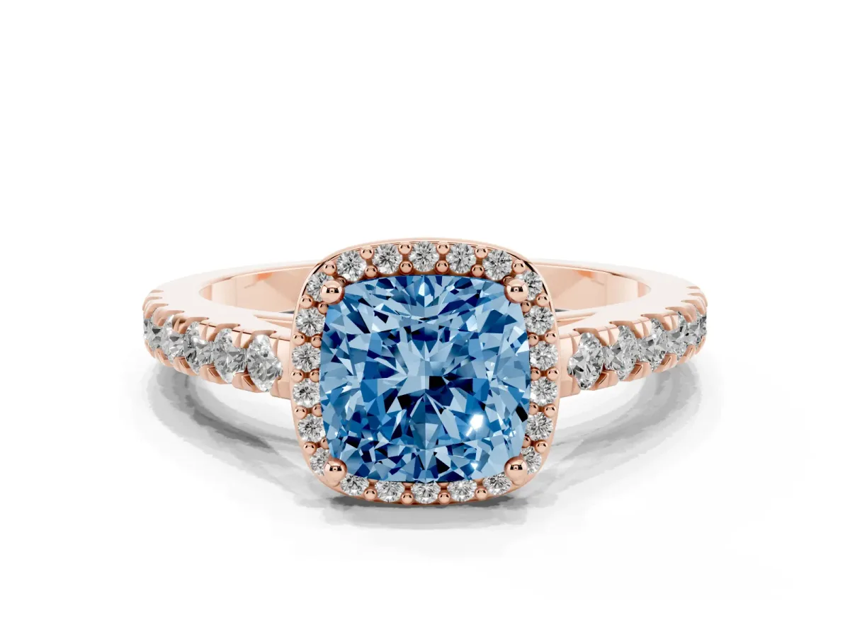 Fancy Blue Cushion Cut Cut Halo Diamond Engagement Ring with Pave Band and Four-Prong Setting Rose gold