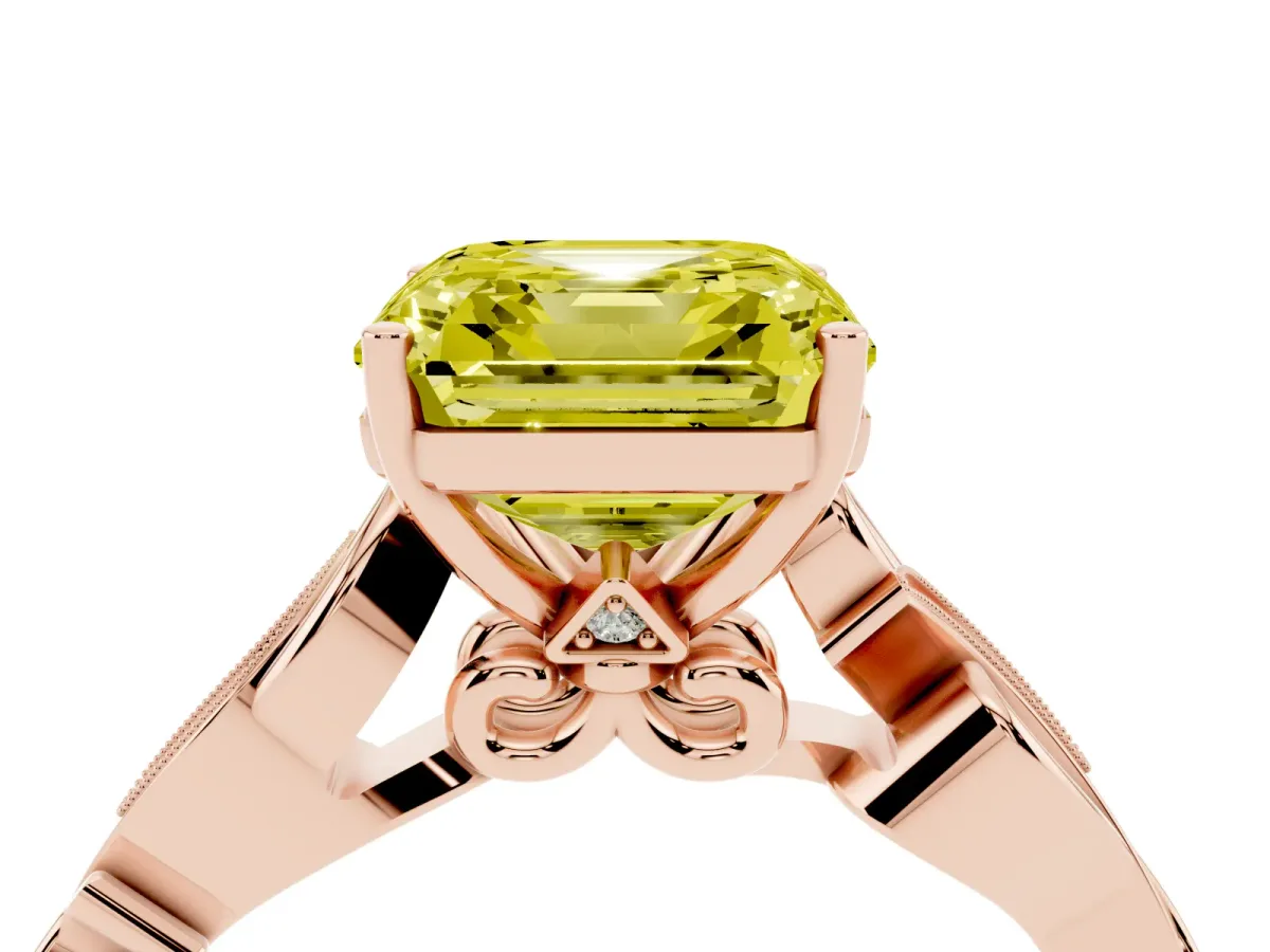 Fancy Yellow Asscher Cut Solitaire Vine Band with Milgrain Prong Setting Rose gold