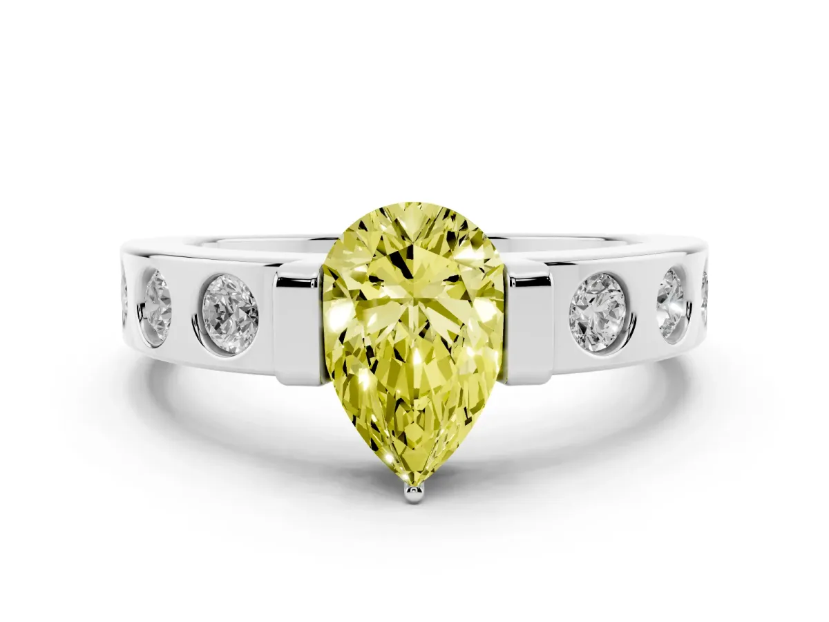 Fancy Yellow Pear Cut Brilliant Channel-Set Diamond Ring with Bezel Prong Setting Silver
