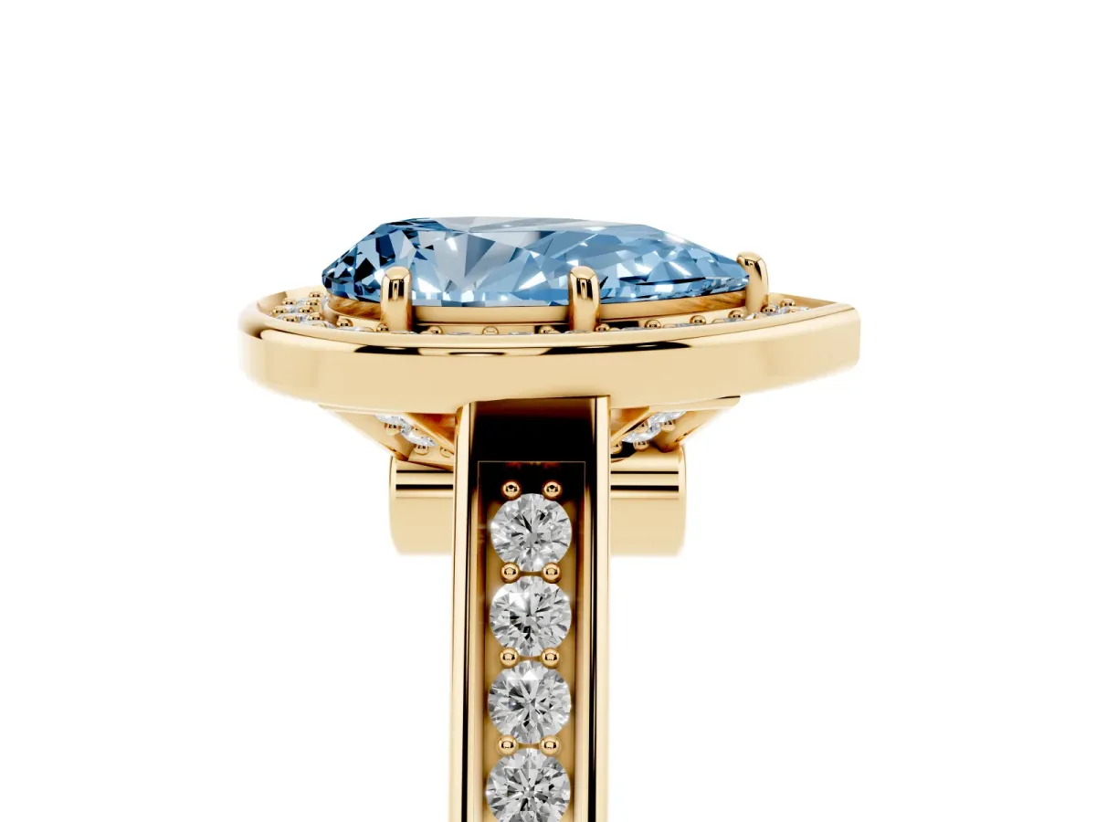 Fancy Blue Pear Cut Halo Solitaire Diamond Ring with Pave Band and Bezel Setting Yellow gold