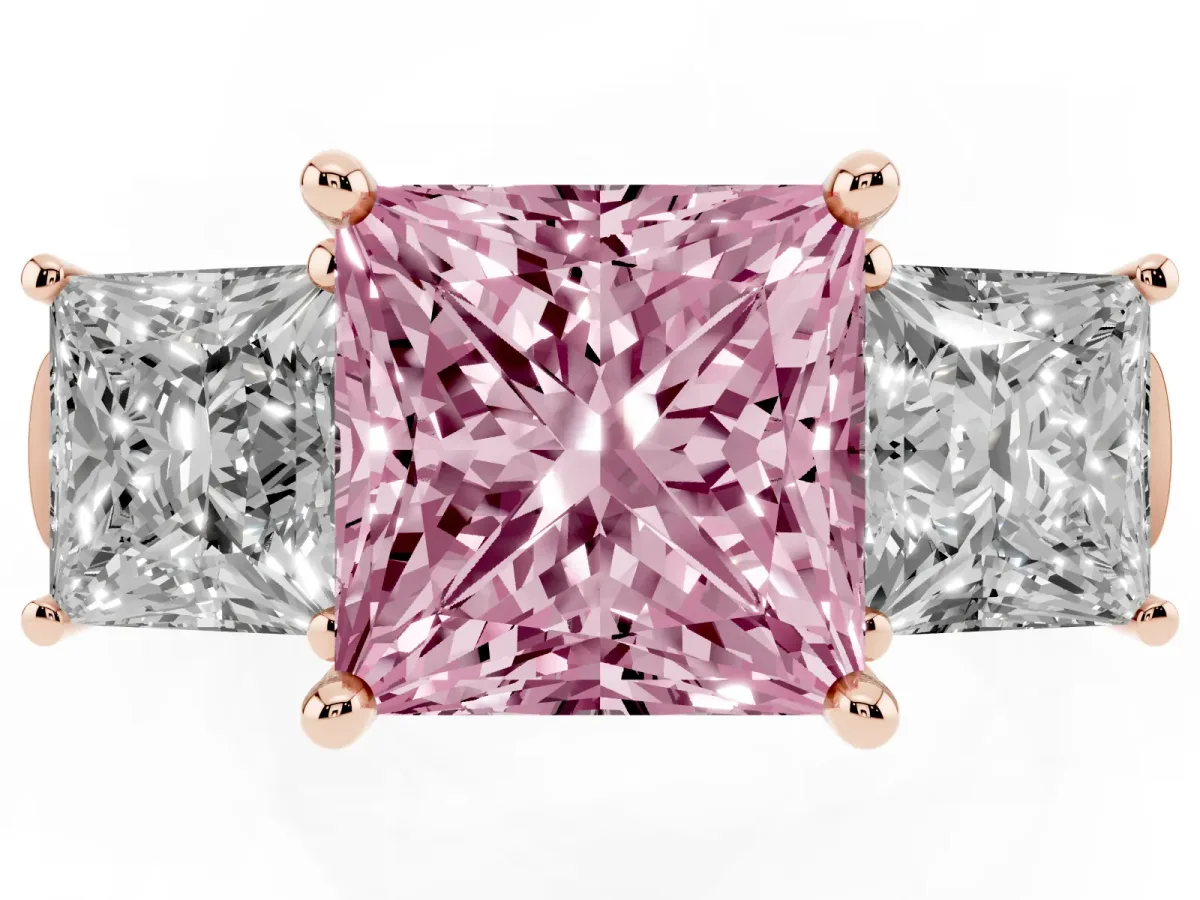 Fancy Pink Three-Stone Princess Cut Brilliant Diamond Trellis Ring with Comfort Fit Band Rose gold