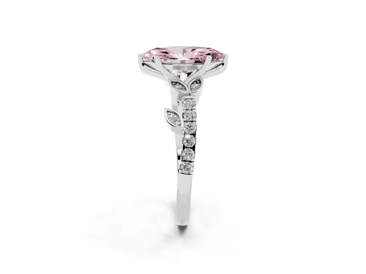 Fancy Pink Marquise Cut Solitaire Leaf-Inspired Diamond Ring with Pavé Band and Four-Prong Setting Silver