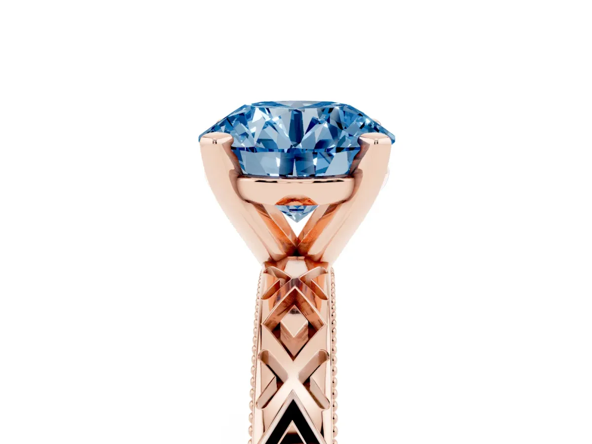 Fancy Blue Round Cut Solitaire Diamond Ring with Milgrain and Black Enamel X Pattern Band Rose gold