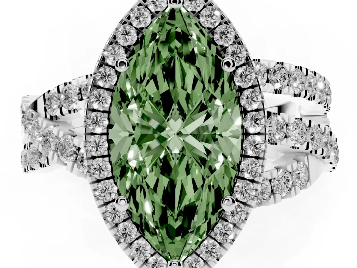 Fancy Green Marquise Cut Diamond Halo Ring with Round Split Shank and Prong Setting Silver