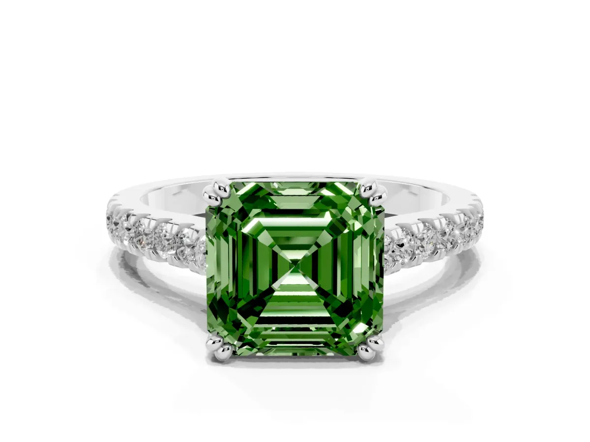 Fancy Green Asscher Cut Solitaire Pave Diamond Engagement Ring with Prong Setting Silver