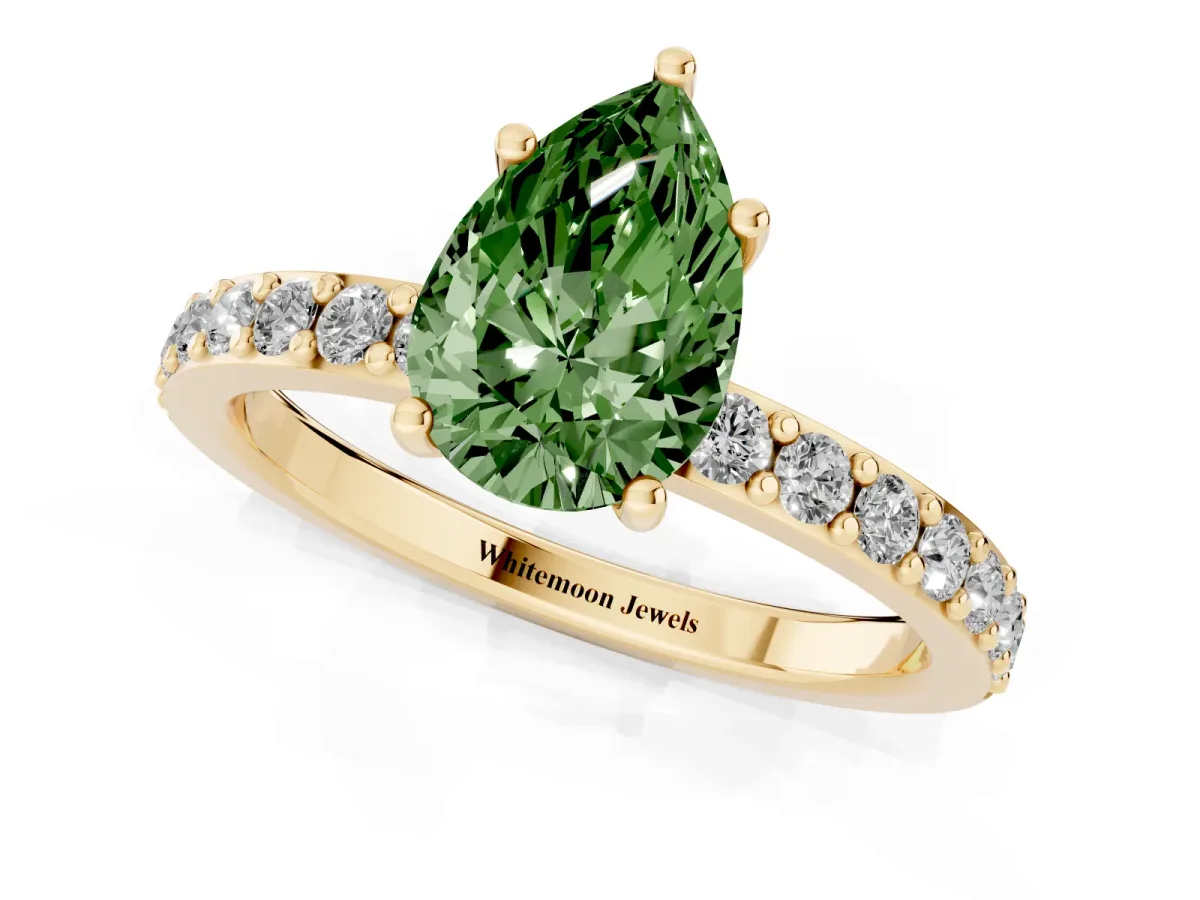 Fancy Green Pear Cut Cut Diamond Solitaire with Pave Band and Four-Prong Setting Yellow gold