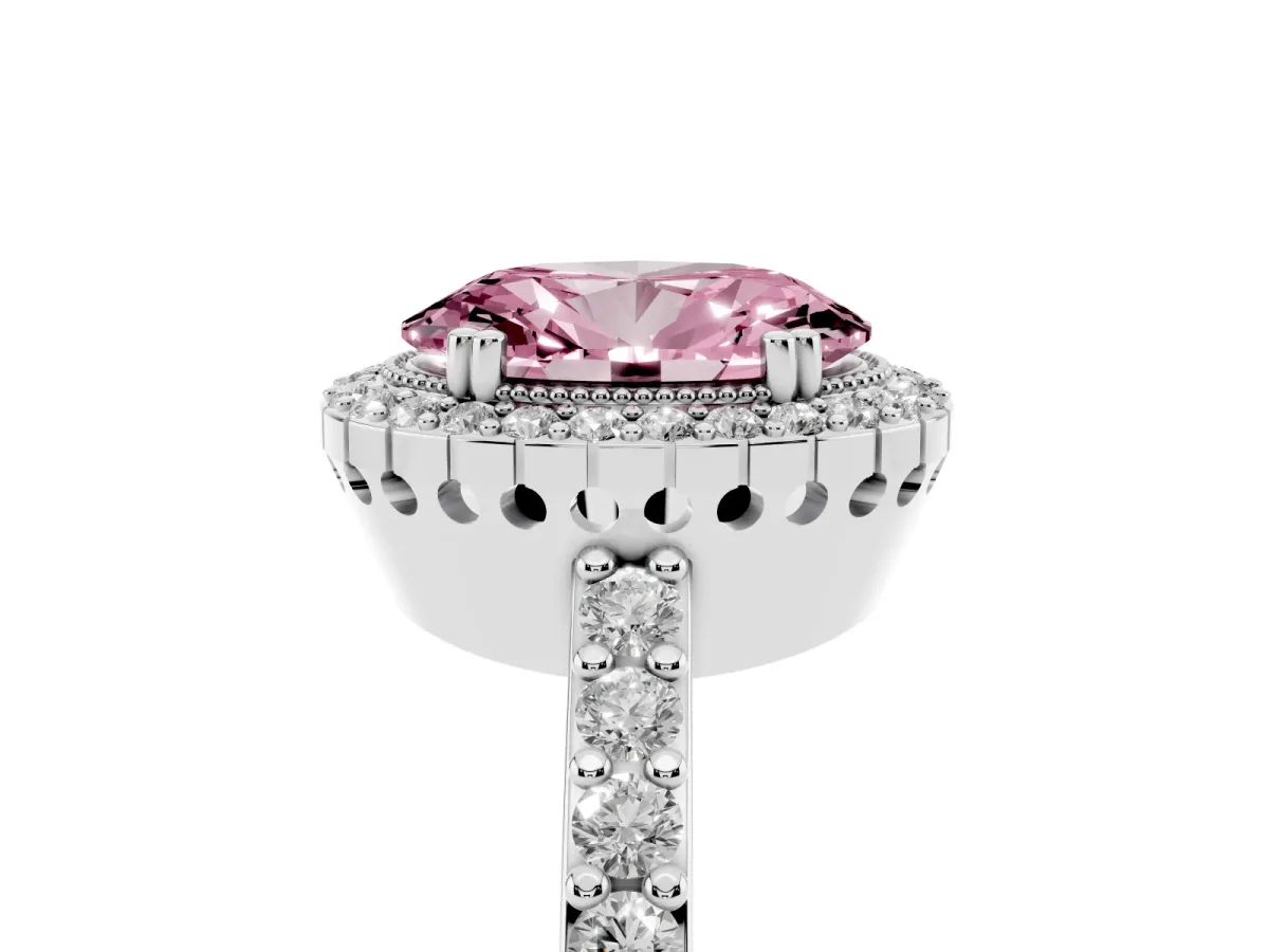 Fancy Pink Oval Cut Cut Diamond Halo Engagement Ring with Milgrain Detail and Pavé Band Silver