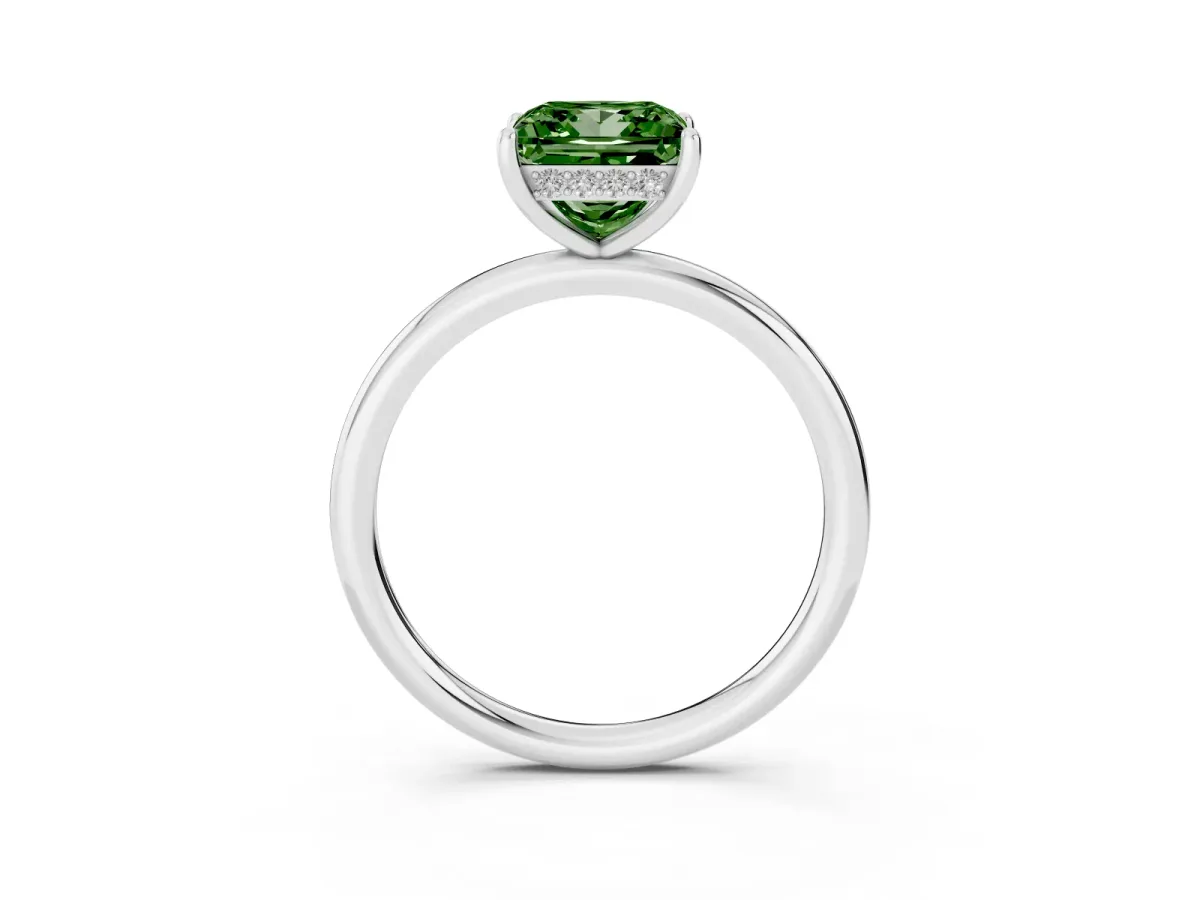 Fancy Green Princess Cut Solitaire Diamond Ring with a Classic Band and Four-Prong Setting Silver