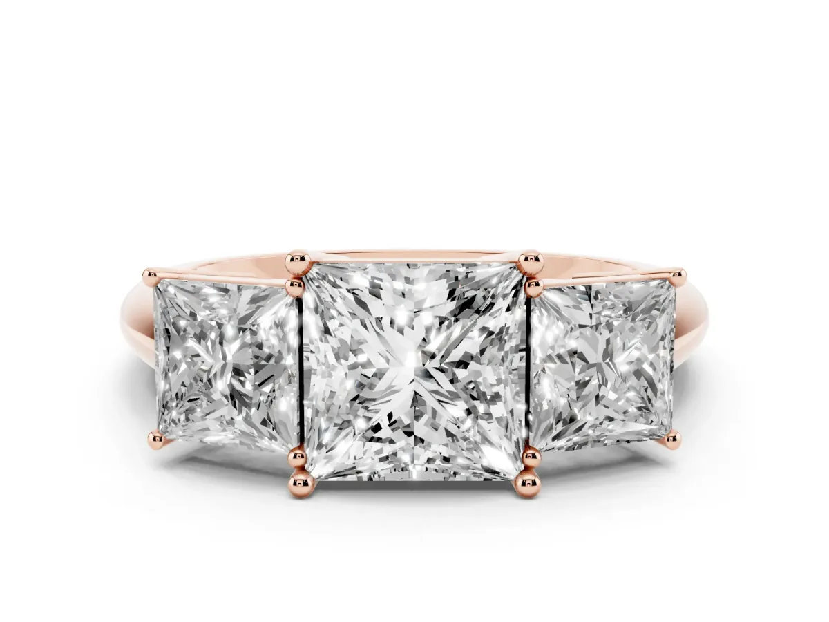 Three-Stone Princess Cut Cut Diamond Engagement Ring with Prong Setting on a White Gold Band Rose gold