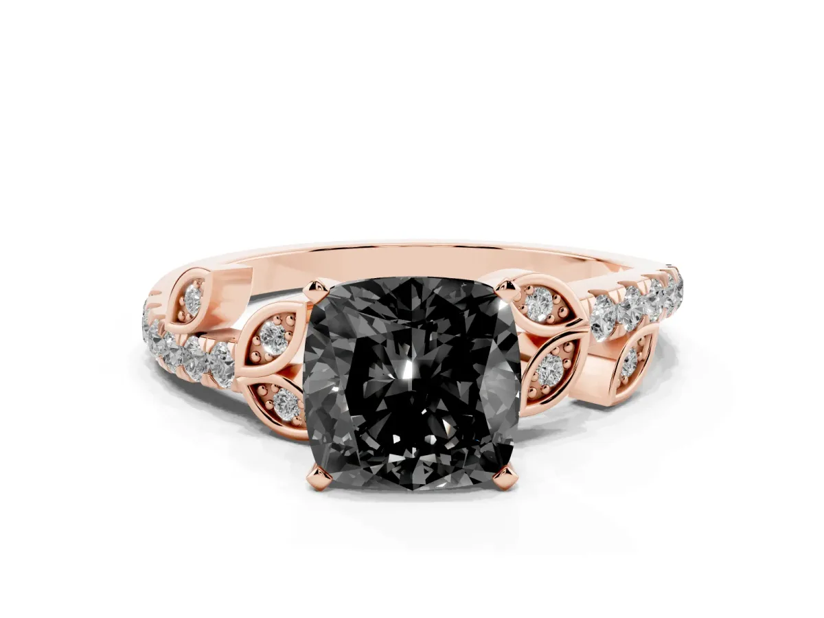 Fancy Black Cushion Cut Solitaire Leaf-Inspired Diamond Ring with Pavé Band and Four-Prong Setting Rose gold