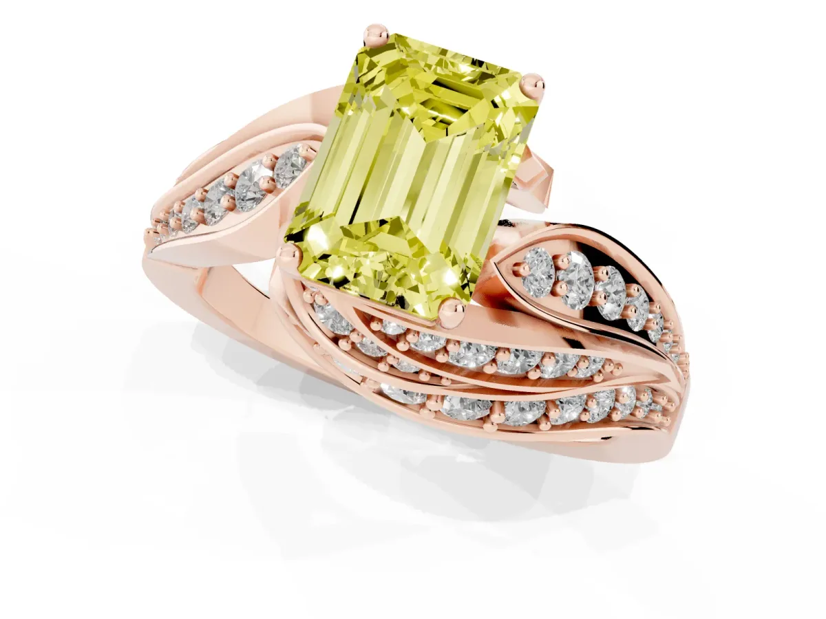 Fancy Yellow Emerald Cut Diamond Solitaire Ring with Prong Setting and Twisted Pavé Band Rose gold