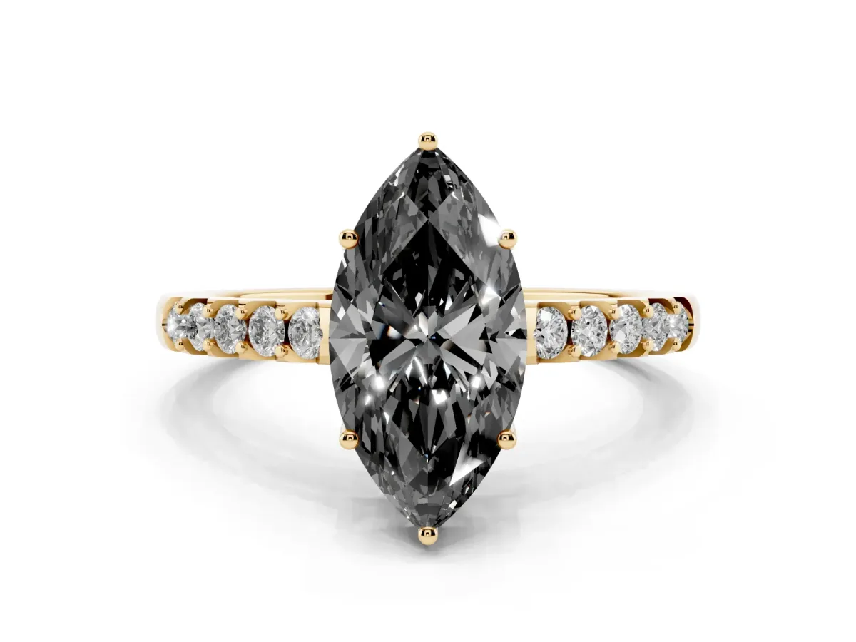 Fancy Black Marquise Cut Solitaire Diamond Engagement Ring with Pavé Band and Six-Prong Setting Yellow gold