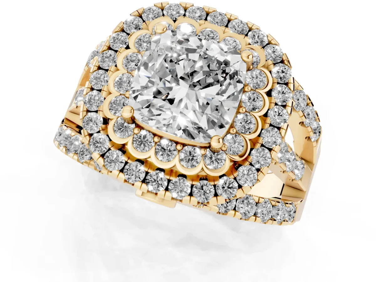 Cushion Cut Diamond Double Halo Ring with Round Pavé Split Shank and Prong Setting Yellow gold