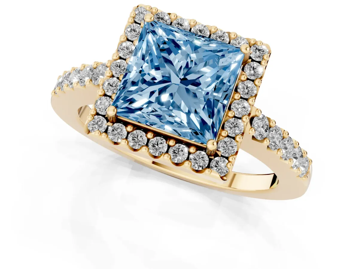 Fancy Blue Princess Cut Halo Diamond Pavé Solitaire Ring Yellow gold