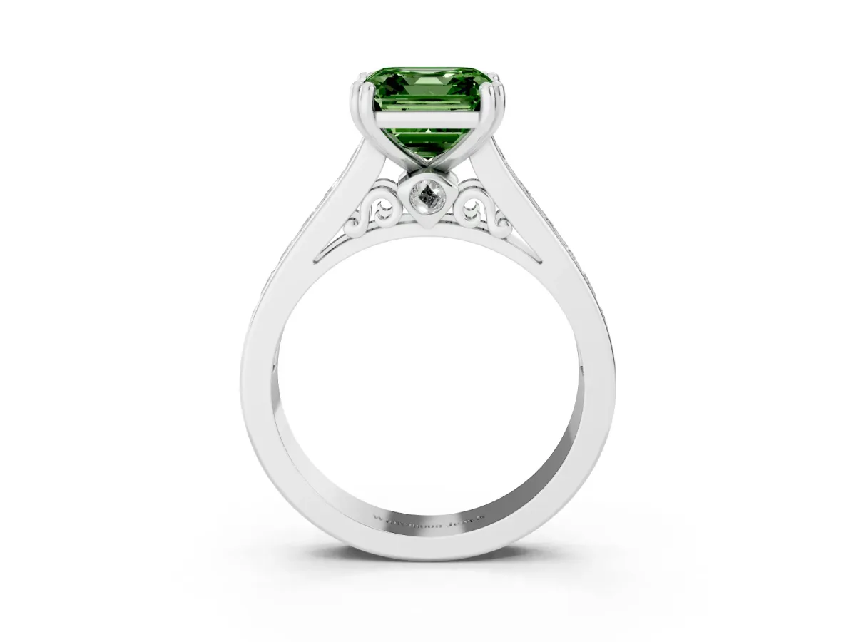 Fancy Green Asscher Cut Cut Channel Set Solitaire Engagement Ring with Prong Setting Silver
