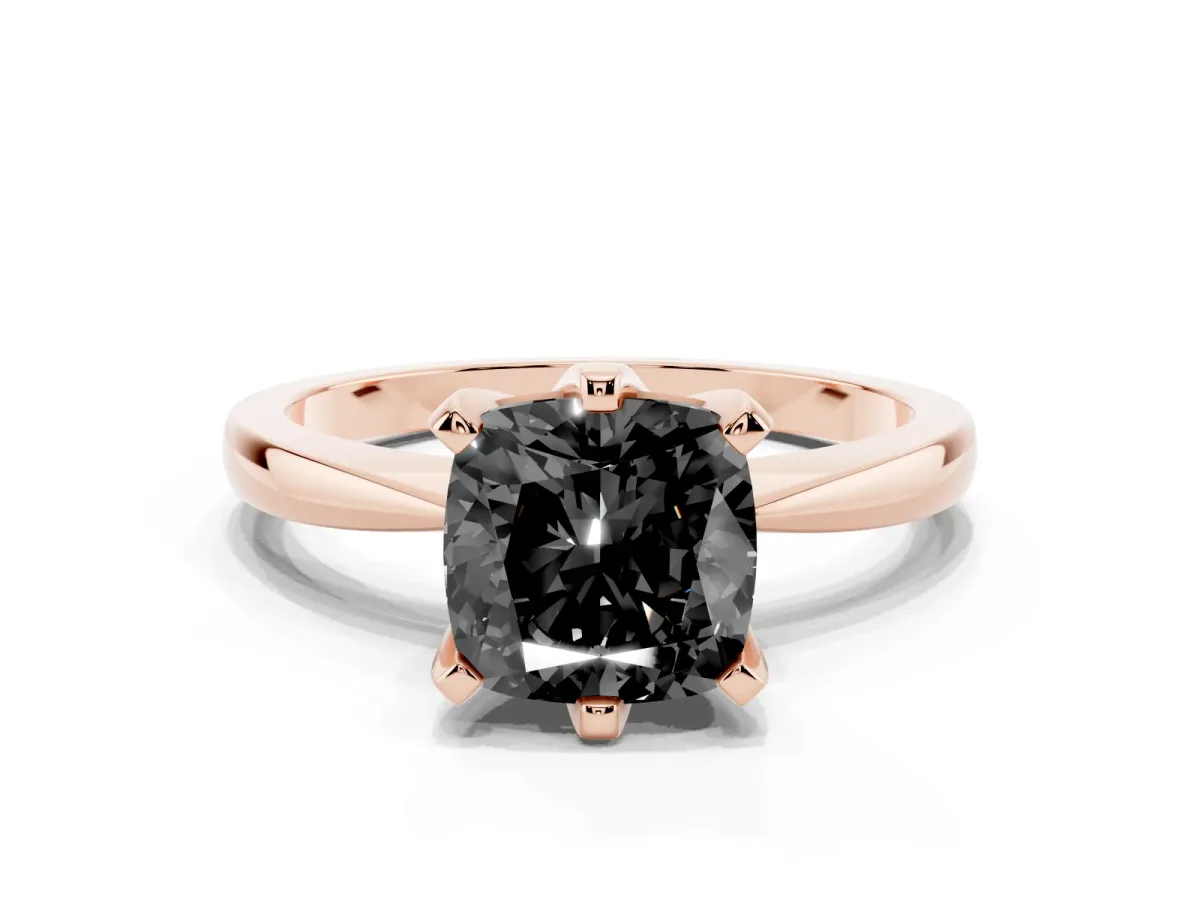 Fancy Black Cushion Cut Solitaire Engagement Ring with Six-Prong Setting and Tapered Band Rose gold