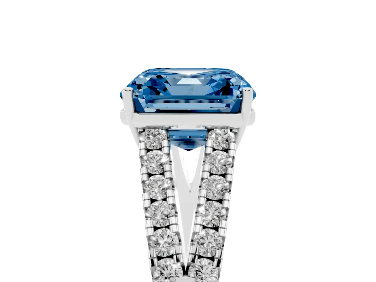 Fancy Blue Asscher Cut Diamond Split Shank Pavé Engagement Ring with Four-Prong Setting White gold