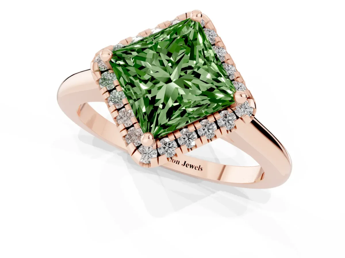 Fancy Green Princess Cut Halo Round Diamond Solitaire Engagement Ring with Pave Band and Four-Prong Setting Rose gold