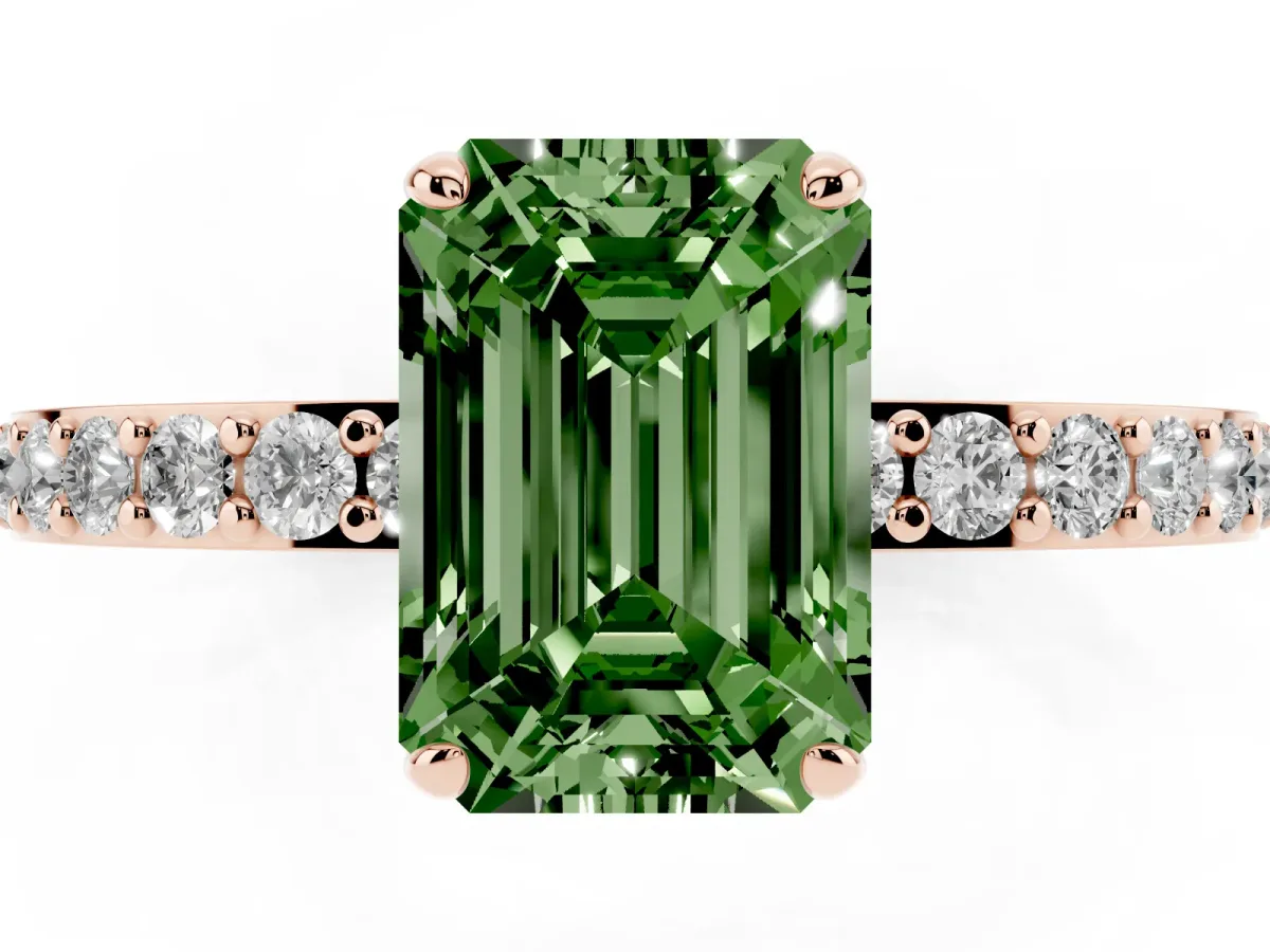 Fancy Green Emerald Cut Diamond Pavé Engagement Ring with Round Accents and Prong Setting Rose gold