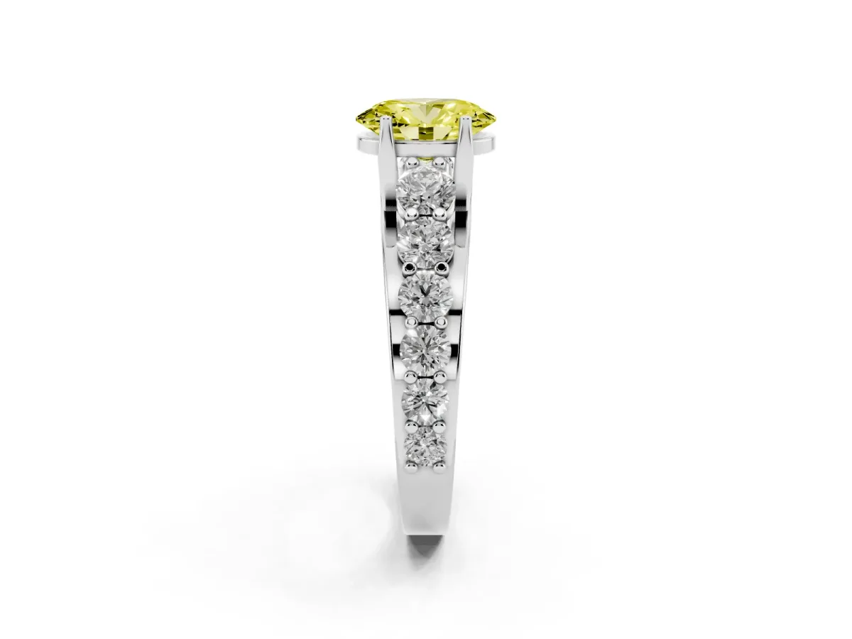 Fancy Yellow Oval Cut Diamond Engagement Ring with Pavé Band and Four-Prong Setting Silver