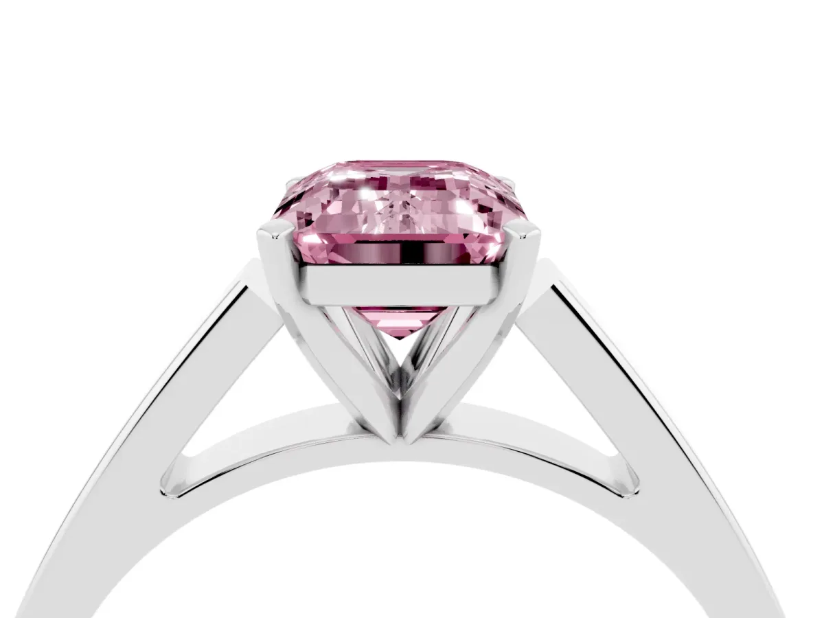 Fancy Pink Emerald Cut Solitaire Engagement Ring with Four-Prong Setting and Tapered Band Silver