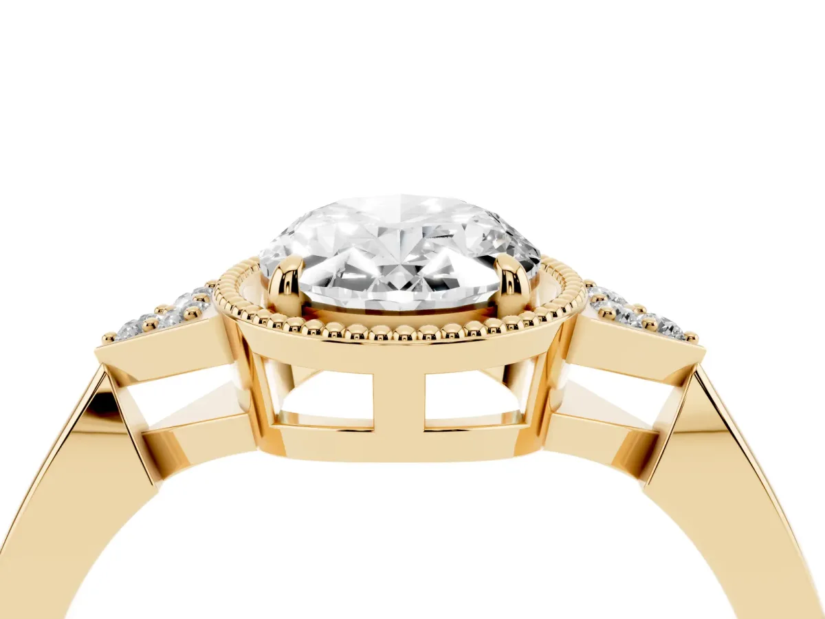 Oval Cut Diamond Halo Ring with Tapered Band and Four-Prong Setting Yellow gold