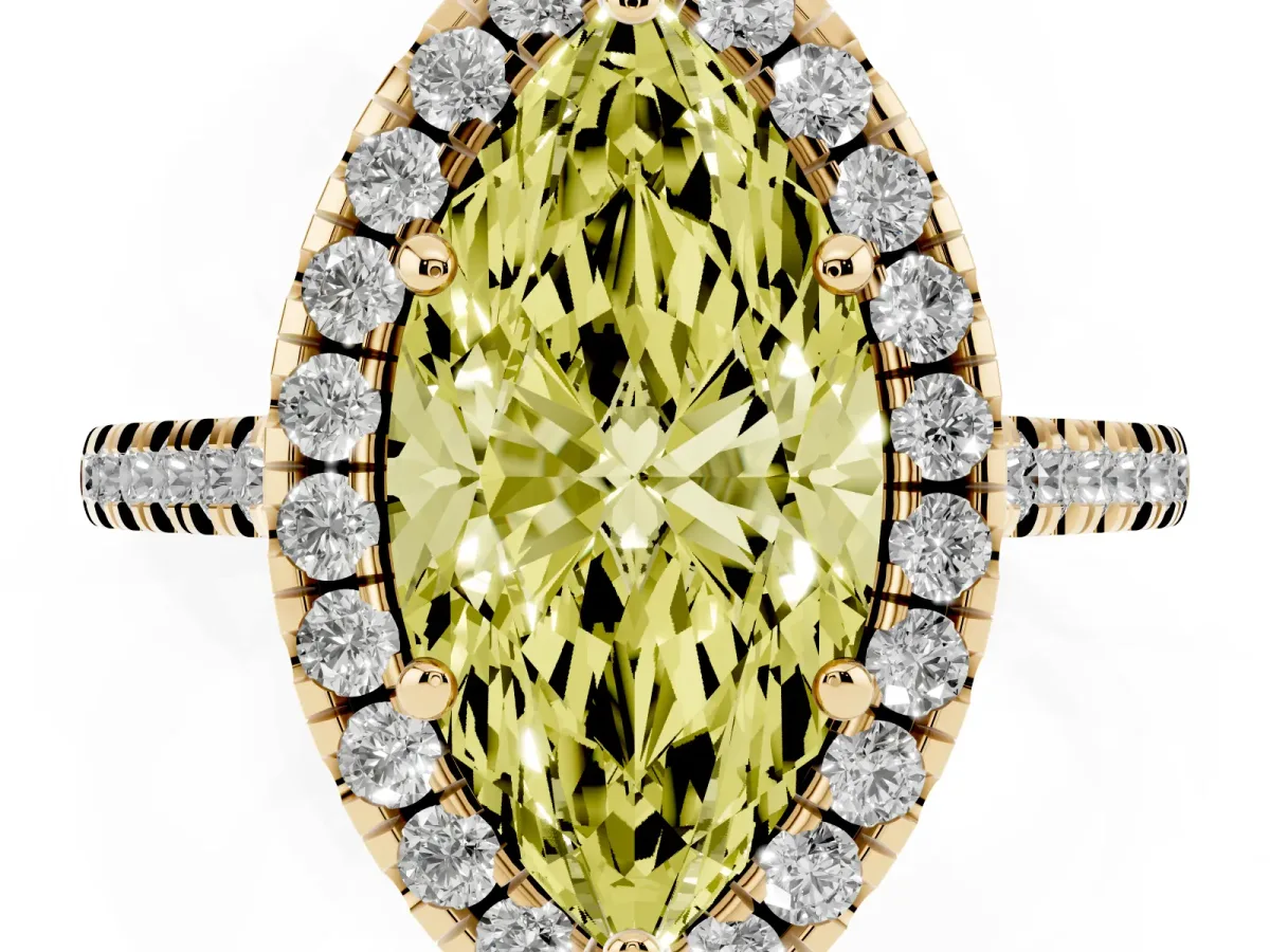 Fancy Yellow Marquise Cut Diamond Cushion Halo Ring with Pavé Band Yellow gold