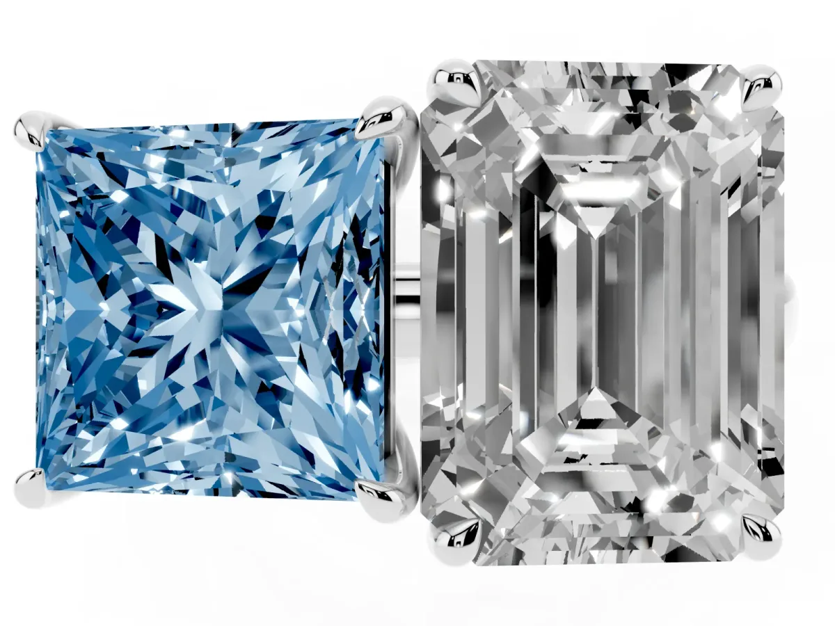 Fancy Blue Princess Cut and Emerald Cut Toi Moi Ring with Prong Setting Platinum