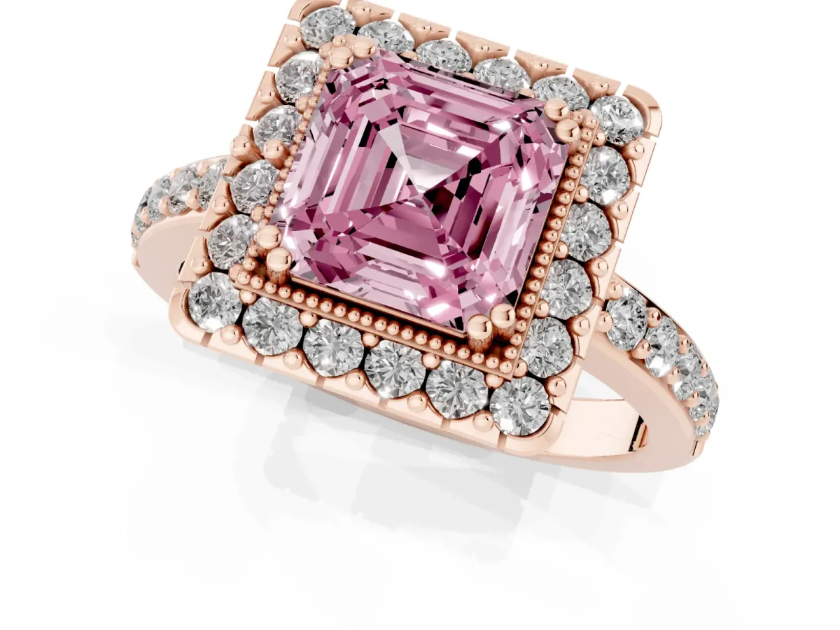 Fancy Pink Asscher Cut Diamond Halo Ring with Pavé Band and Prong Setting Rose gold