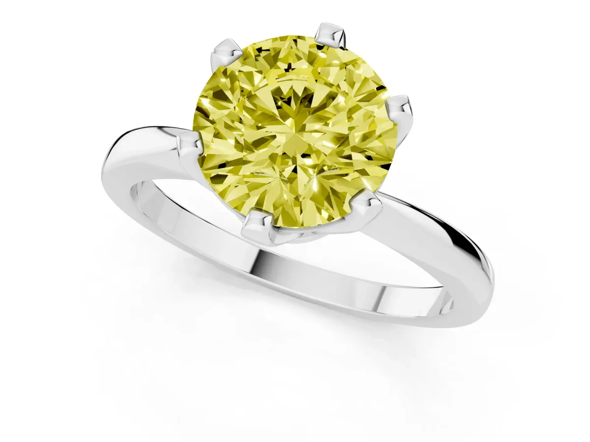 Fancy Yellow Round Cut Solitaire Engagement Ring with Six-Prong Setting and Tapered Band Silver
