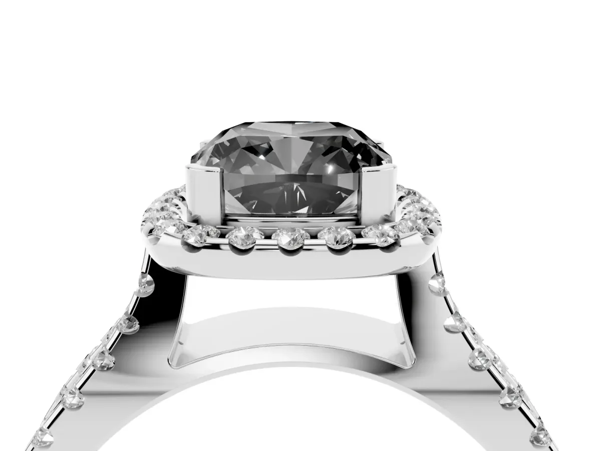 Fancy Black Cushion Cut Diamond Halo Ring with Split Shank Pavé Band and Prong Setting Silver