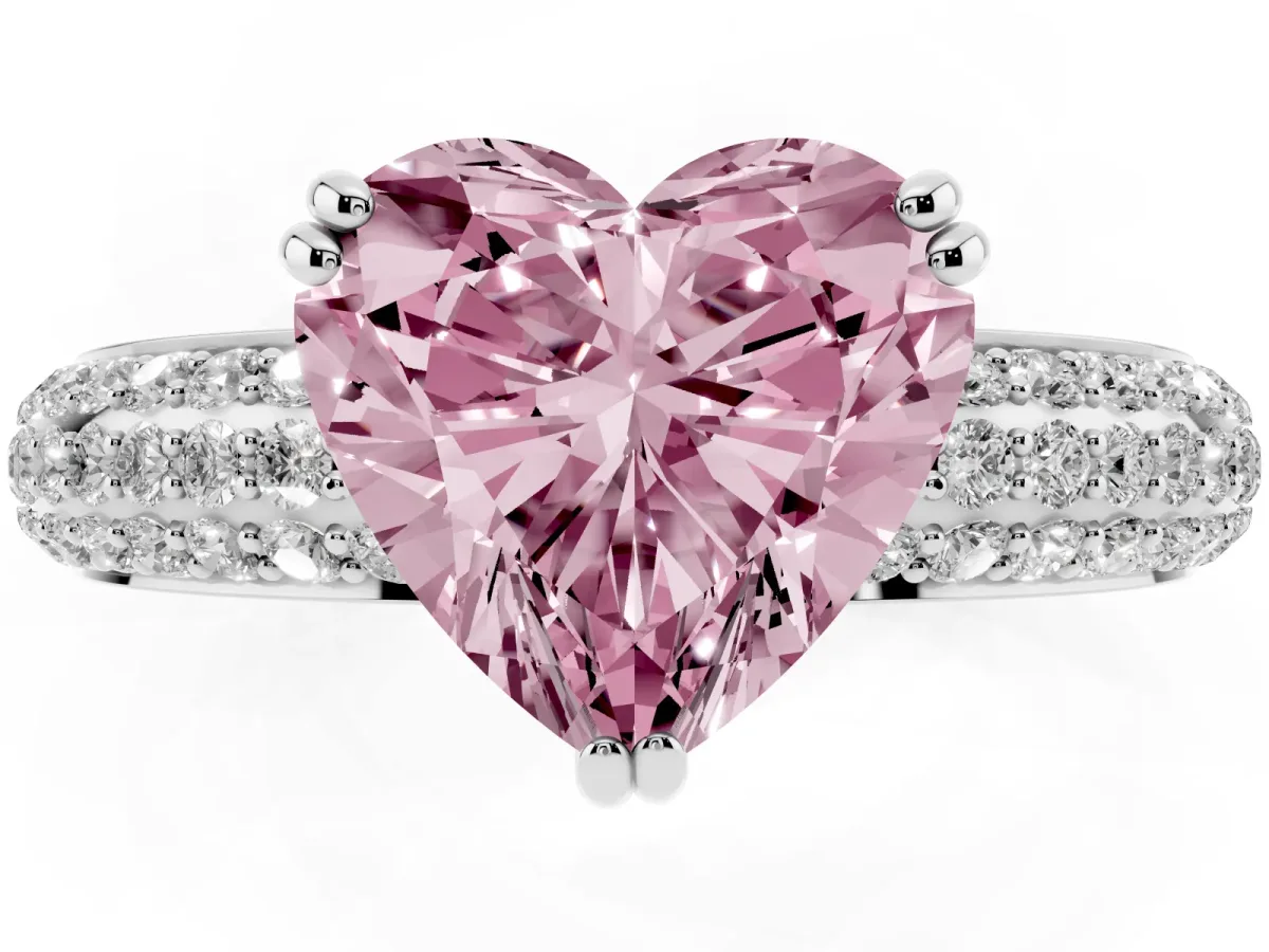 Fancy Pink Heart Cut Diamond Solitaire Ring with Multi-Row Round Pavé Band and Prong Setting Silver