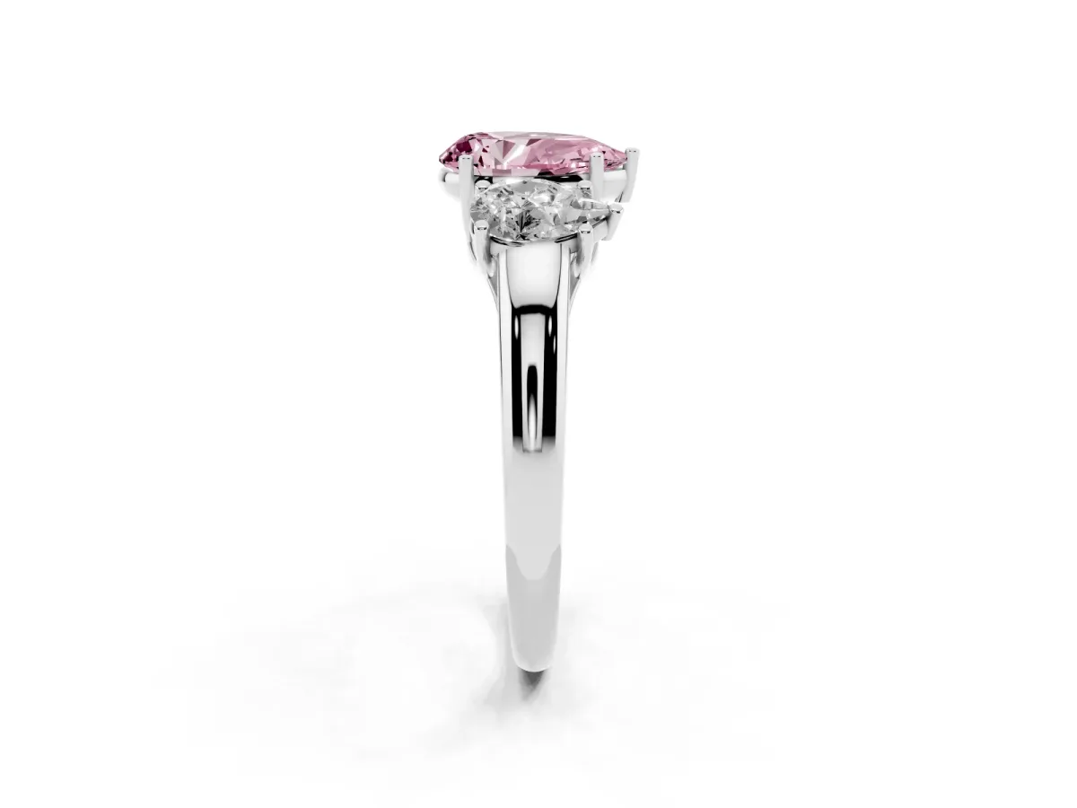 Fancy Pink Three-Stone Pear Cut Diamond Engagement Ring with Prong Setting White gold